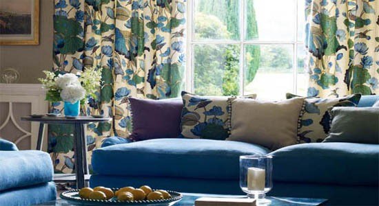 Aqua Blue Floral Upholstery and Drapery Fabric - Modern Navy Blue Green Floral Fabric for Furniture Curtains 2024 and Roman Shades - SP 7840