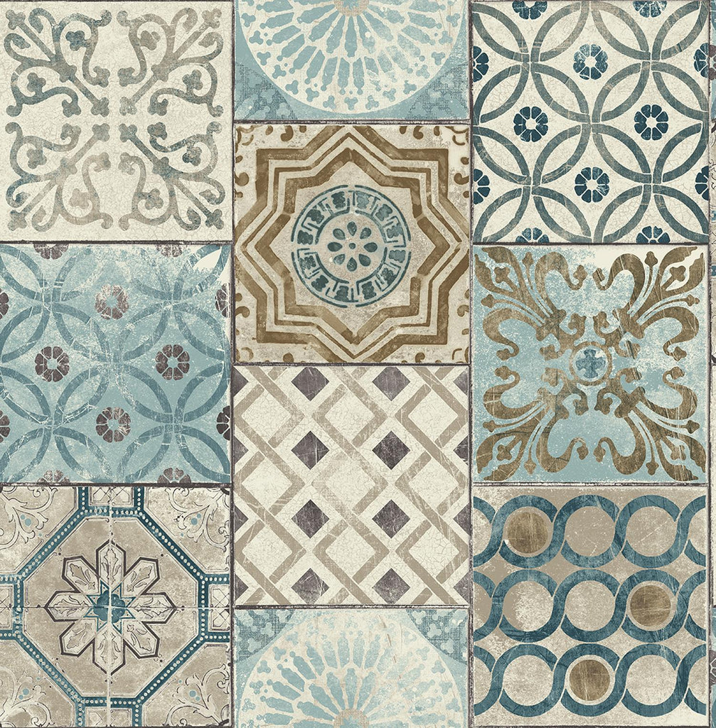 Seabrook Morocaan Tile Blue & Copper Wallpaper