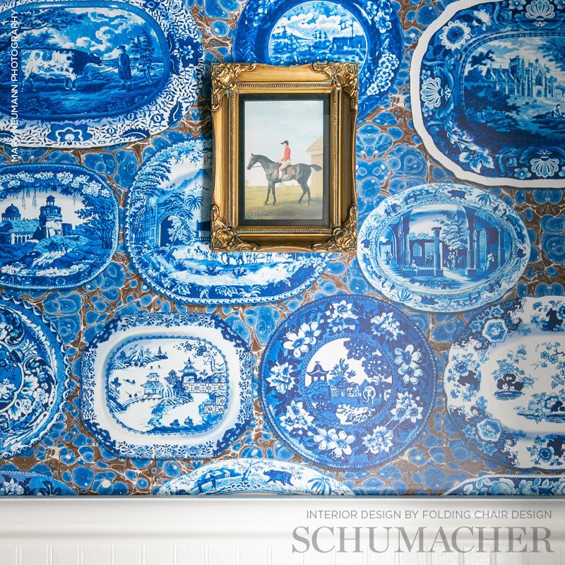 Schumacher Plates & Platters Blue Wallpaper