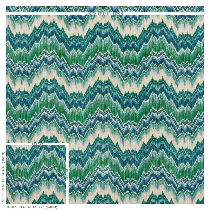 Schumacher Bezique Flamestitch Velvet Blue & Green Fabric