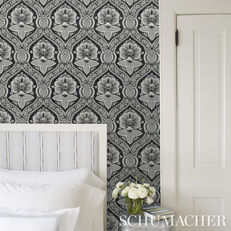 Schumacher Villandry Damask Print Black Wallpaper