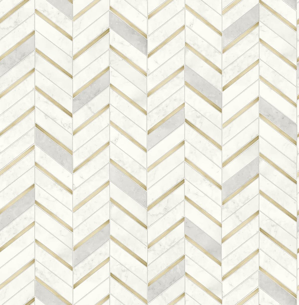 Seabrook Chevron Marble Tile Metallic Gold & Pearl Gray Wallpaper