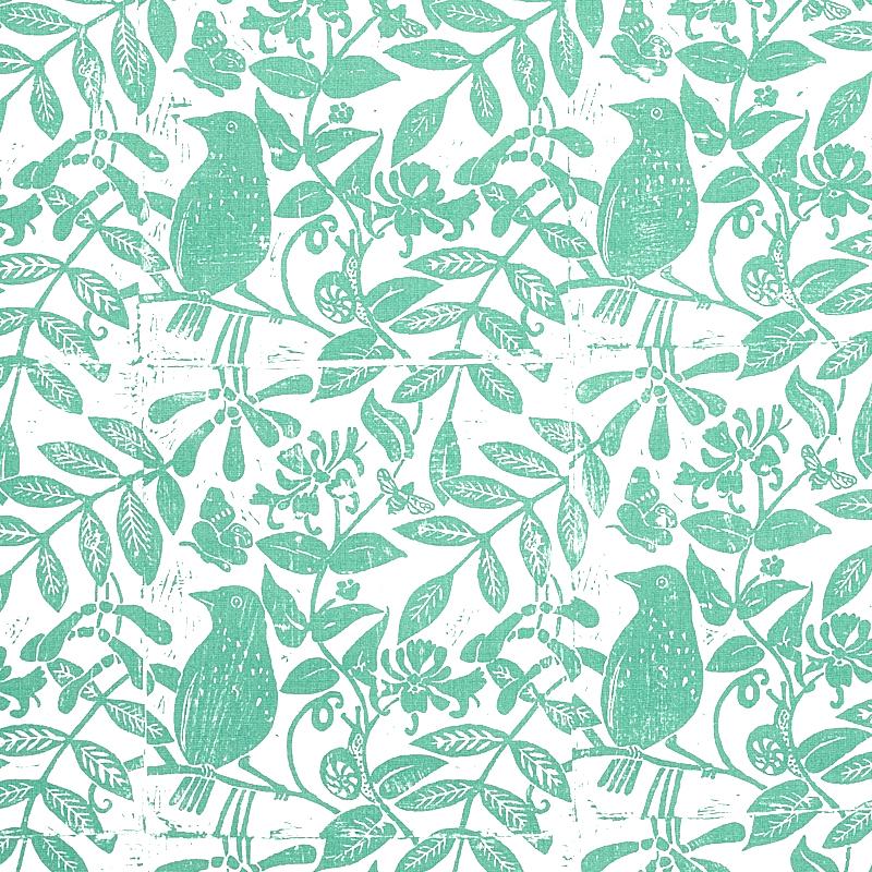 Schumacher Bird & Bee Sea Glass Fabric