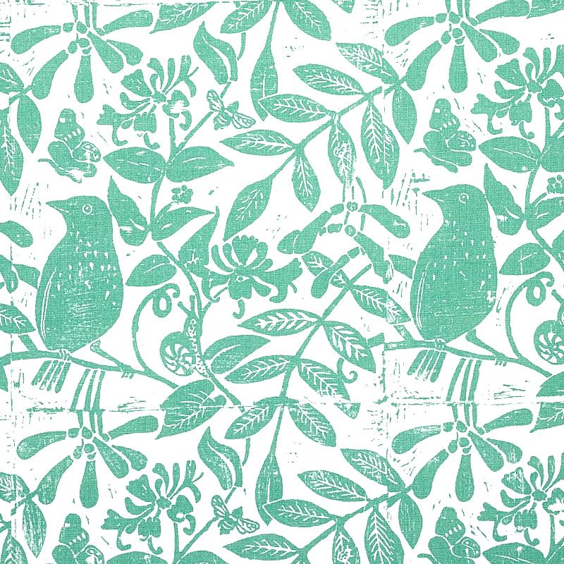 Schumacher Bird & Bee Sea Glass Fabric