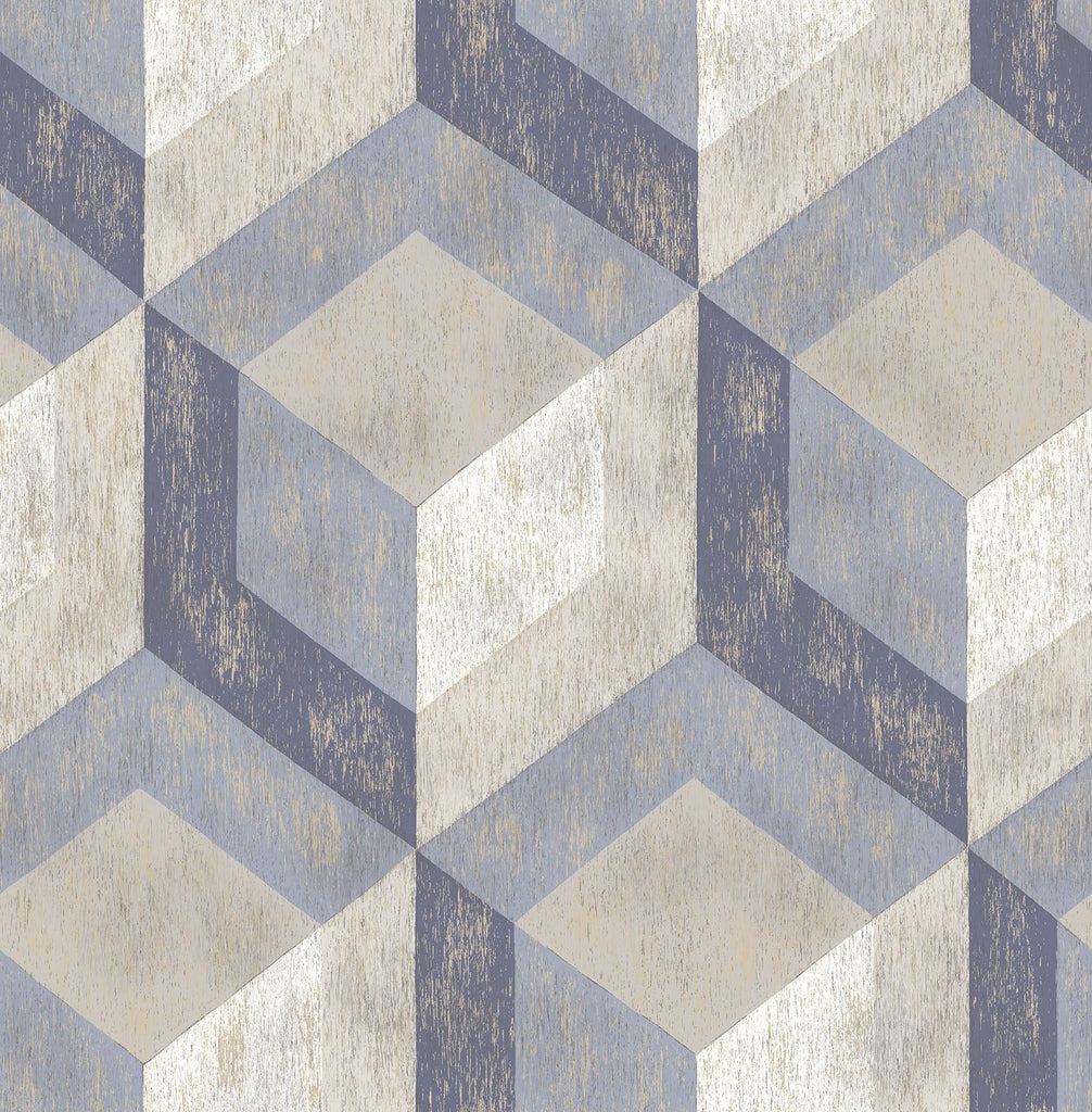 A-Street Prints Rustic Wood Tile Geometric Blue Wallpaper