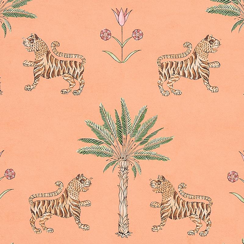 Schumacher Tiger Palm Crimson On Peach Wallpaper