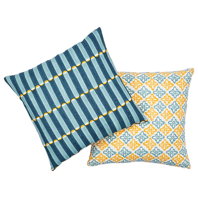 Schumacher Pattee & Luna Tumeric & Blue 22" x 22" Pillow