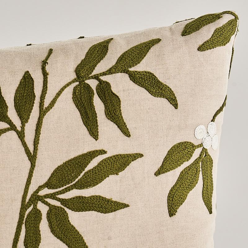 Schumacher Lilla Embroidery Olive On Neutral 20" x 20" Pillow