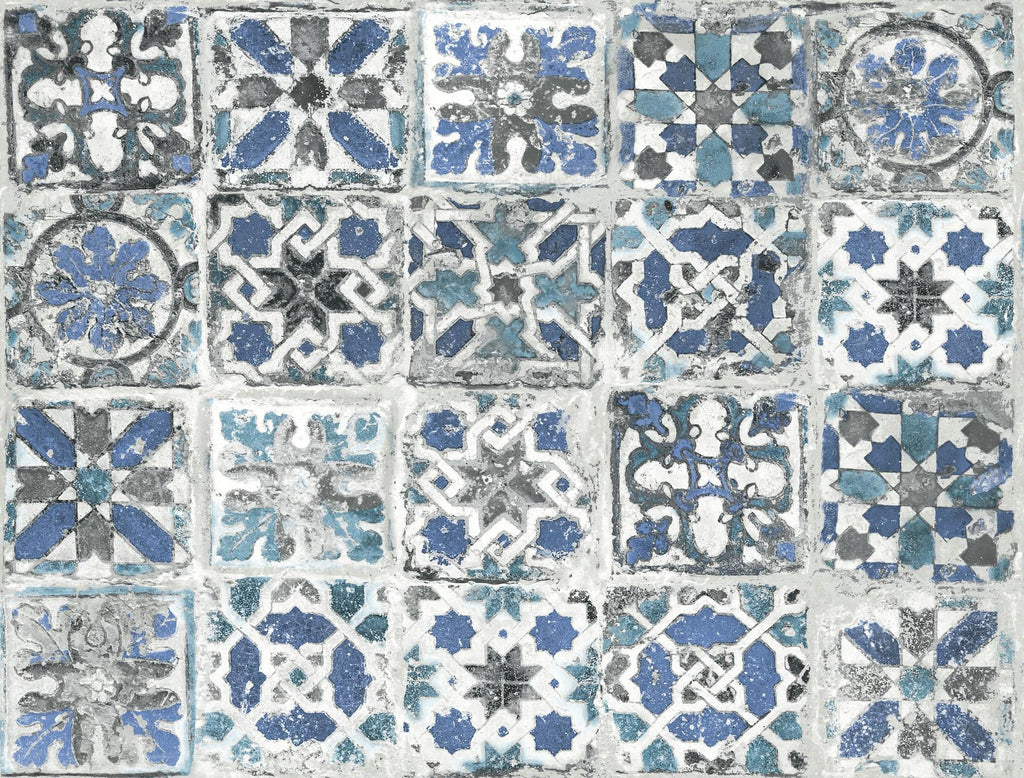 York Encaustic Tile Peel and Stick Blue Wallpaper