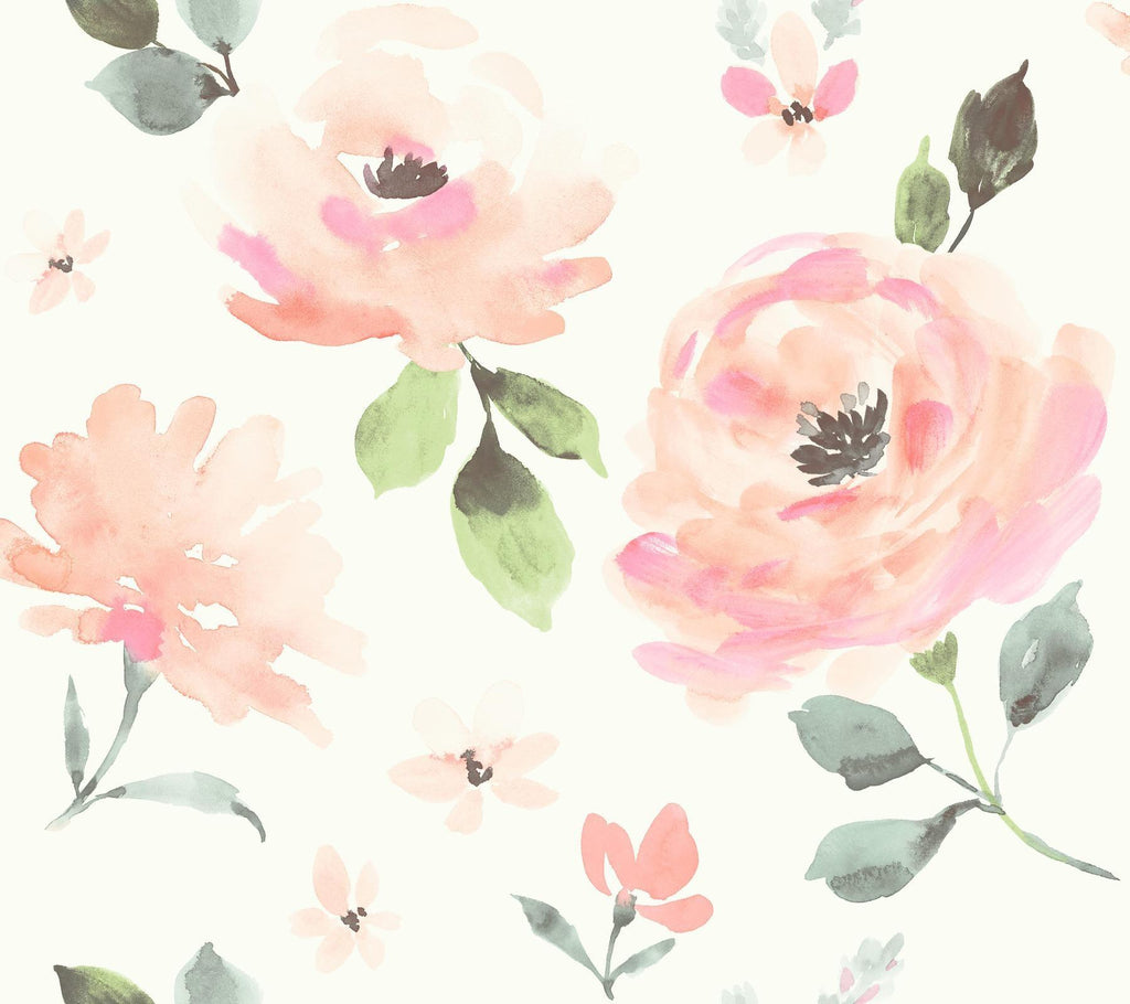 York Watercolor Blooms Peel and Stick Coral Wallpaper