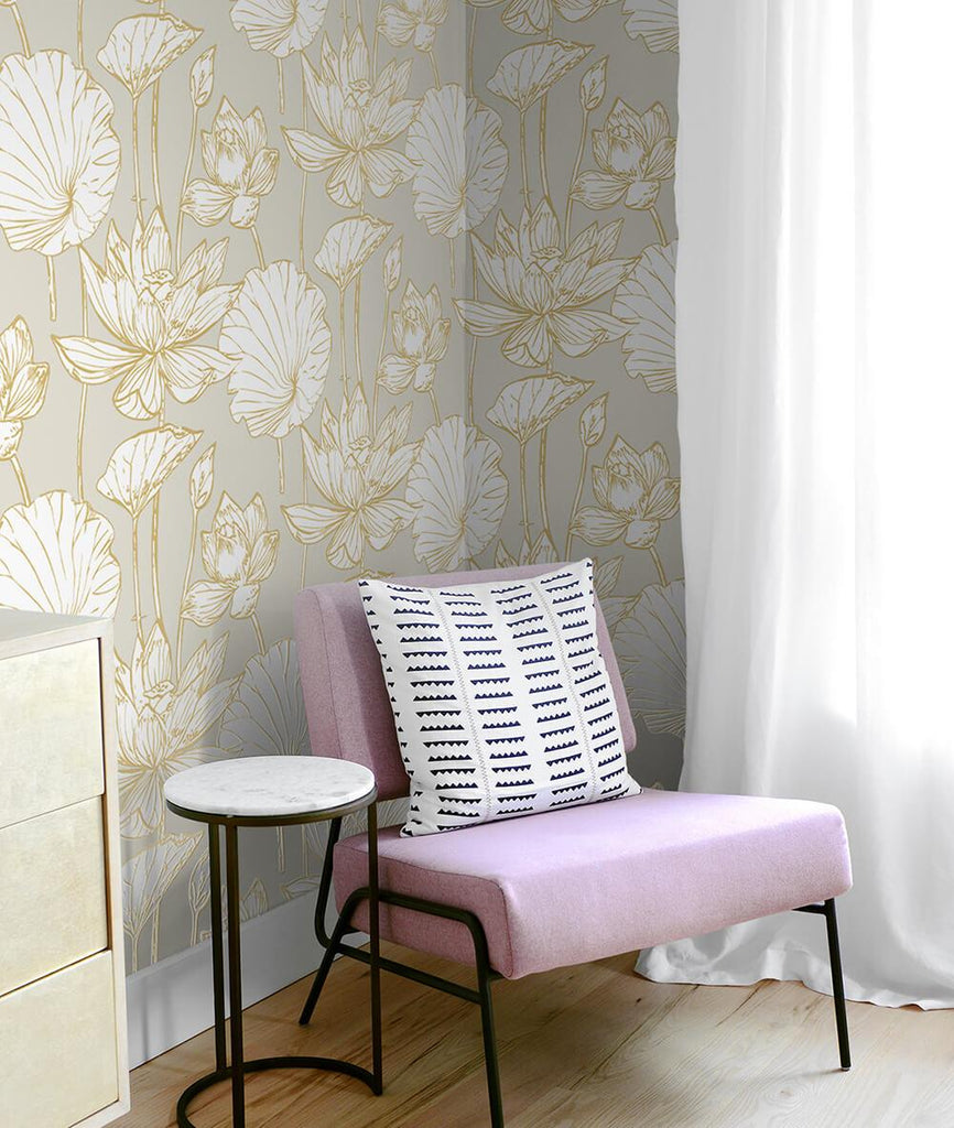 Seabrook Lotus Floral Metallic Gold & Gray Wallpaper