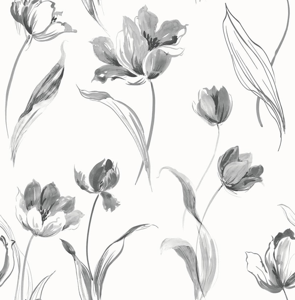 Seabrook Tulip Toss Black and White Wallpaper