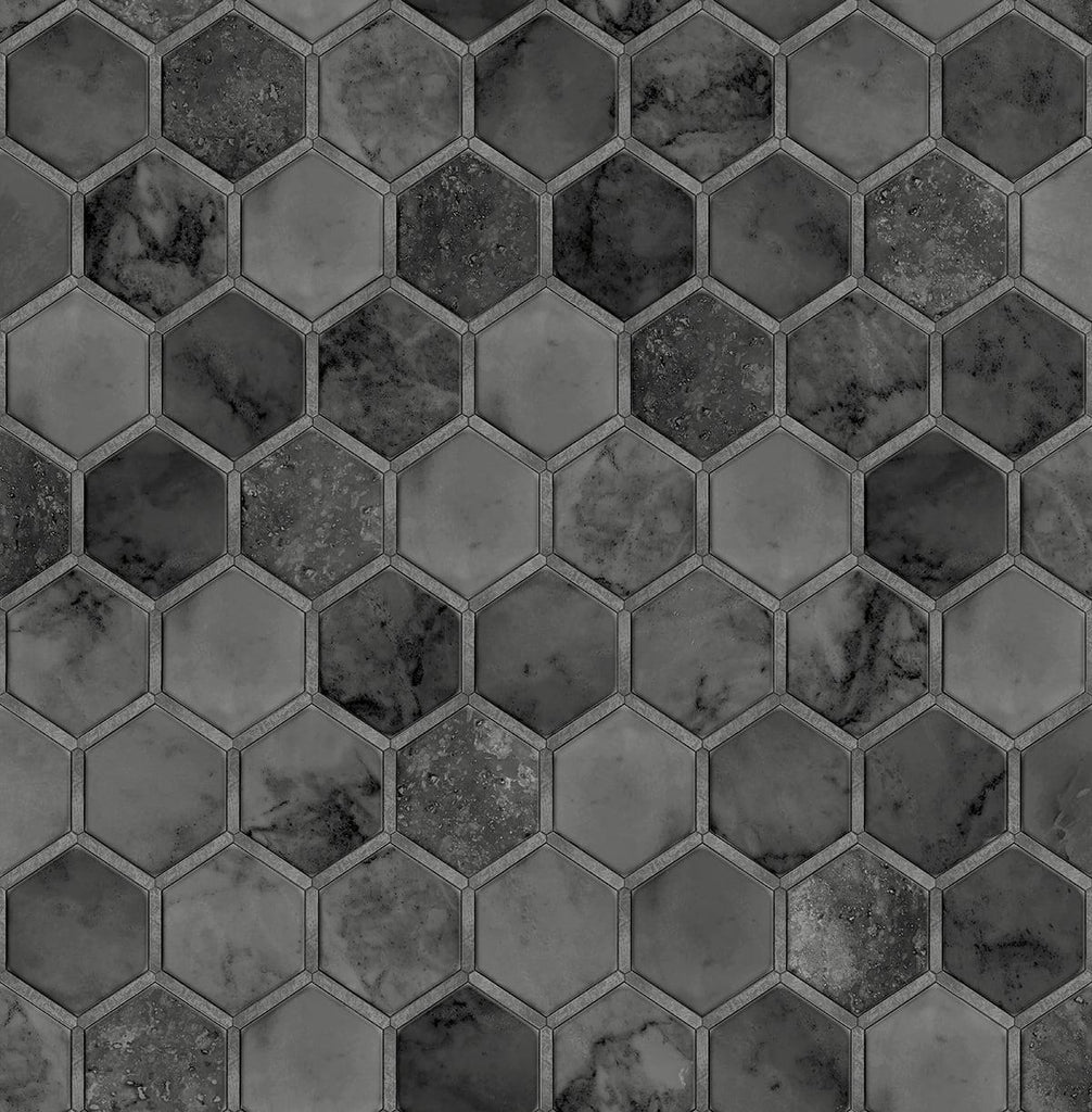 Seabrook Inlay Hexagon Cosmic Black & Metallic Silver Wallpaper