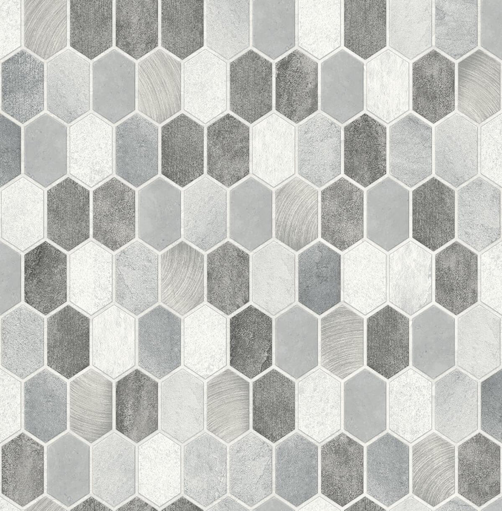 Seabrook Brushed Hex Tile Icy Grey & Nickel Wallpaper