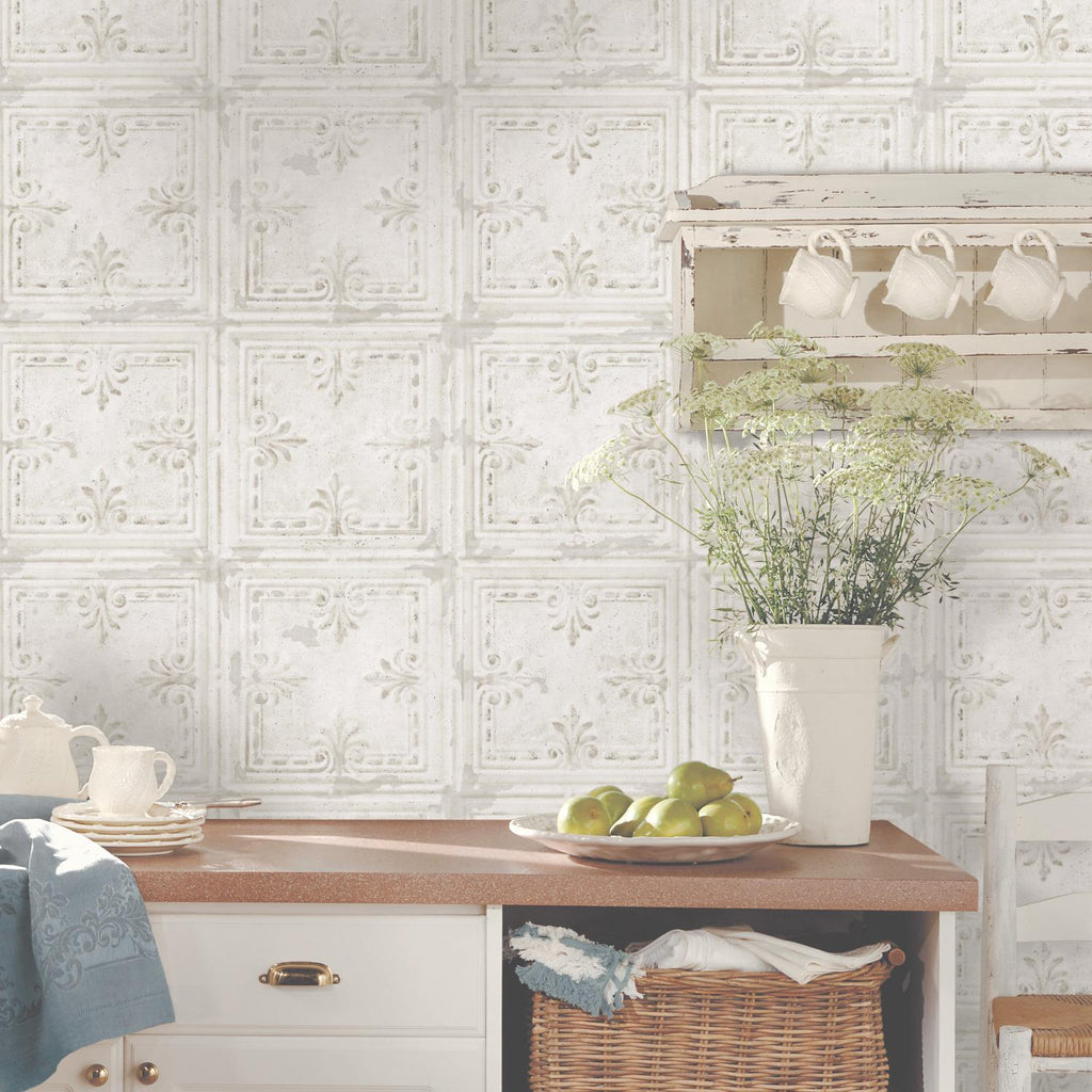 RoomMates Tin Tile Peel & Stick white Wallpaper