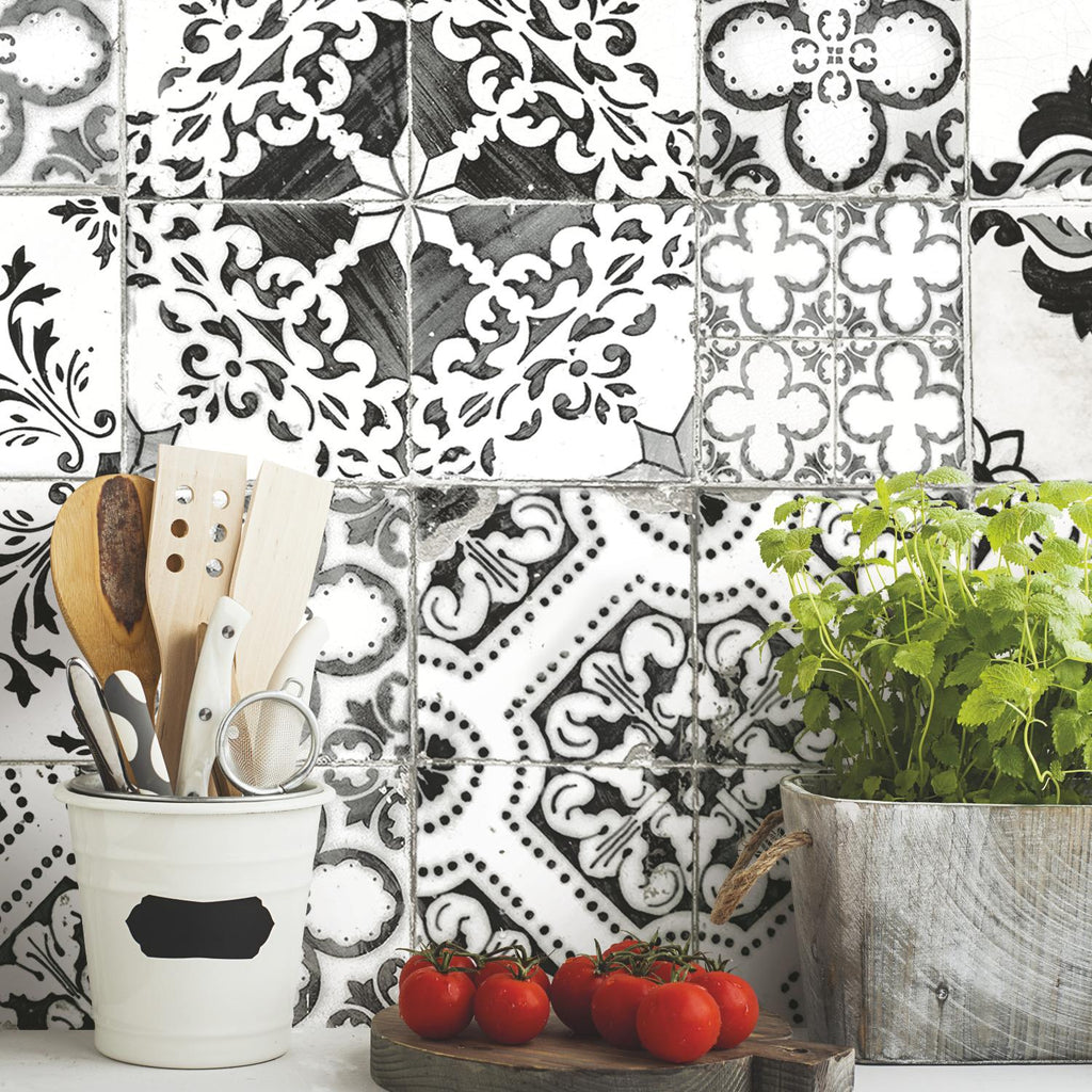 RoomMates Mediterranean Tile Peel & Stick black Wallpaper