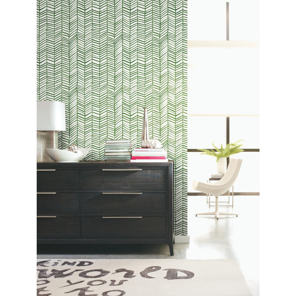 RoomMates Cat Coquillette Herringbone Peel & Stick green/white Wallpaper