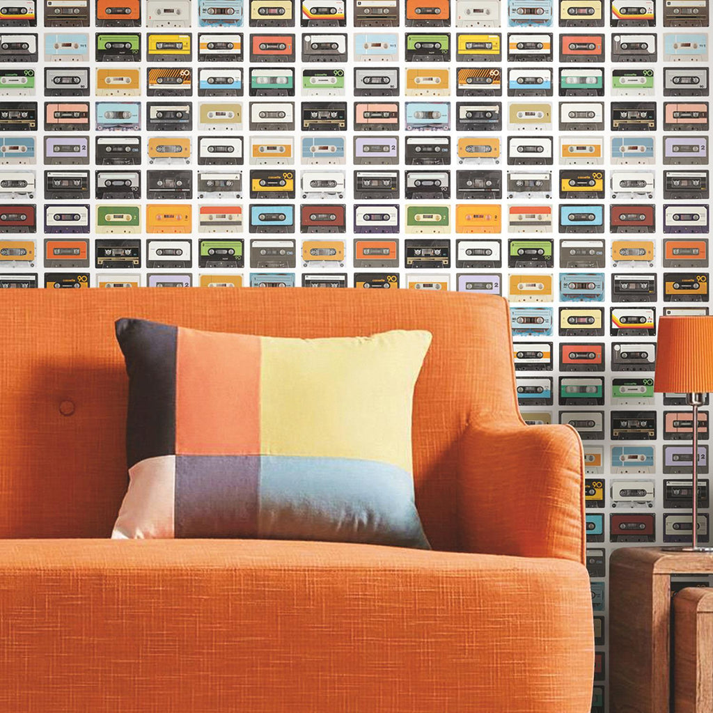 RoomMates Retro Cassettes Peel & Stick red/orange/blue/purple/yellow/green/grey/black Wallpaper