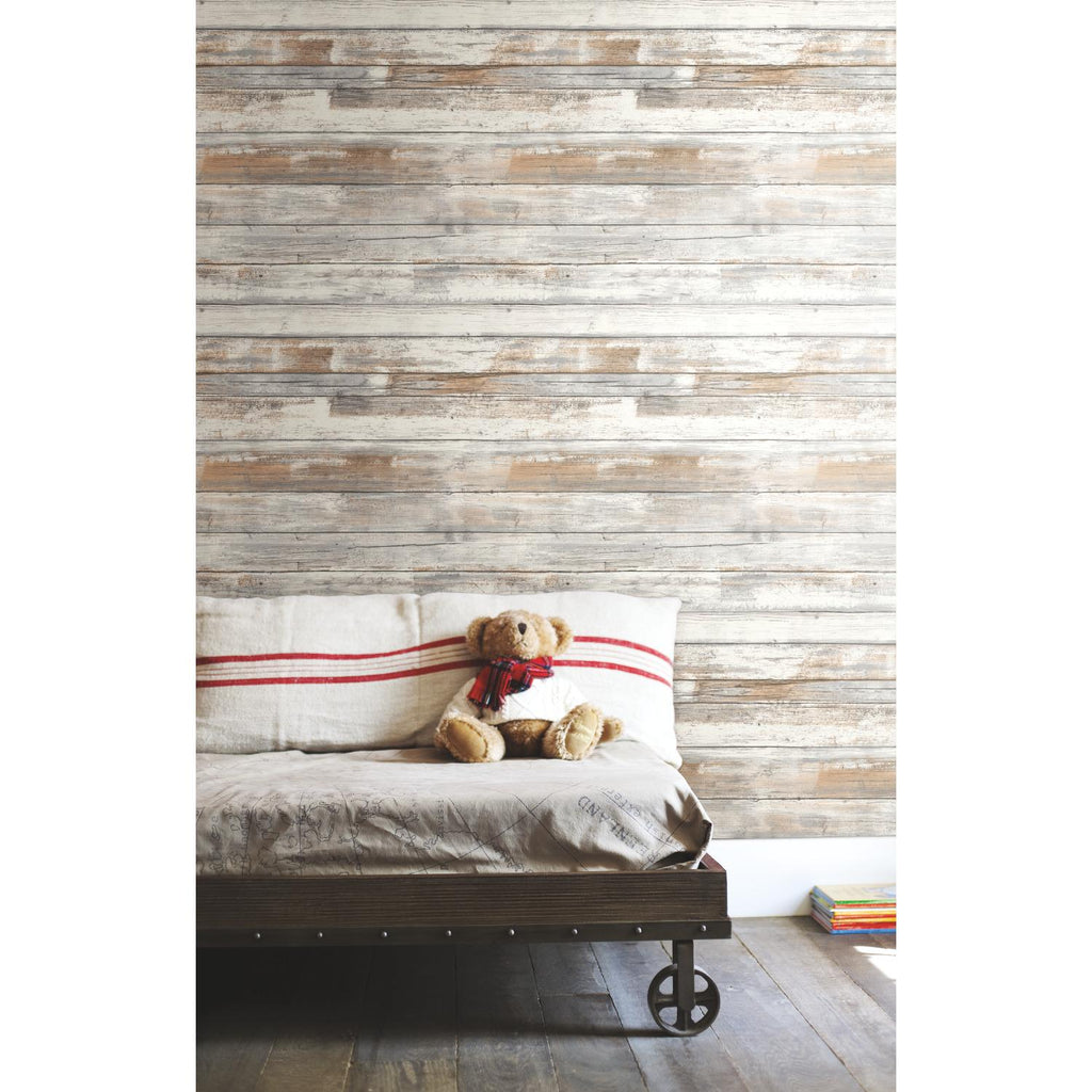 RoomMates Distressed Wood Tan Peel & Stick neutral Wallpaper