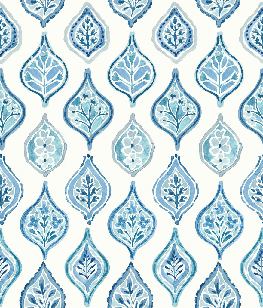 York Marketplace Motif White/Blue Wallpaper