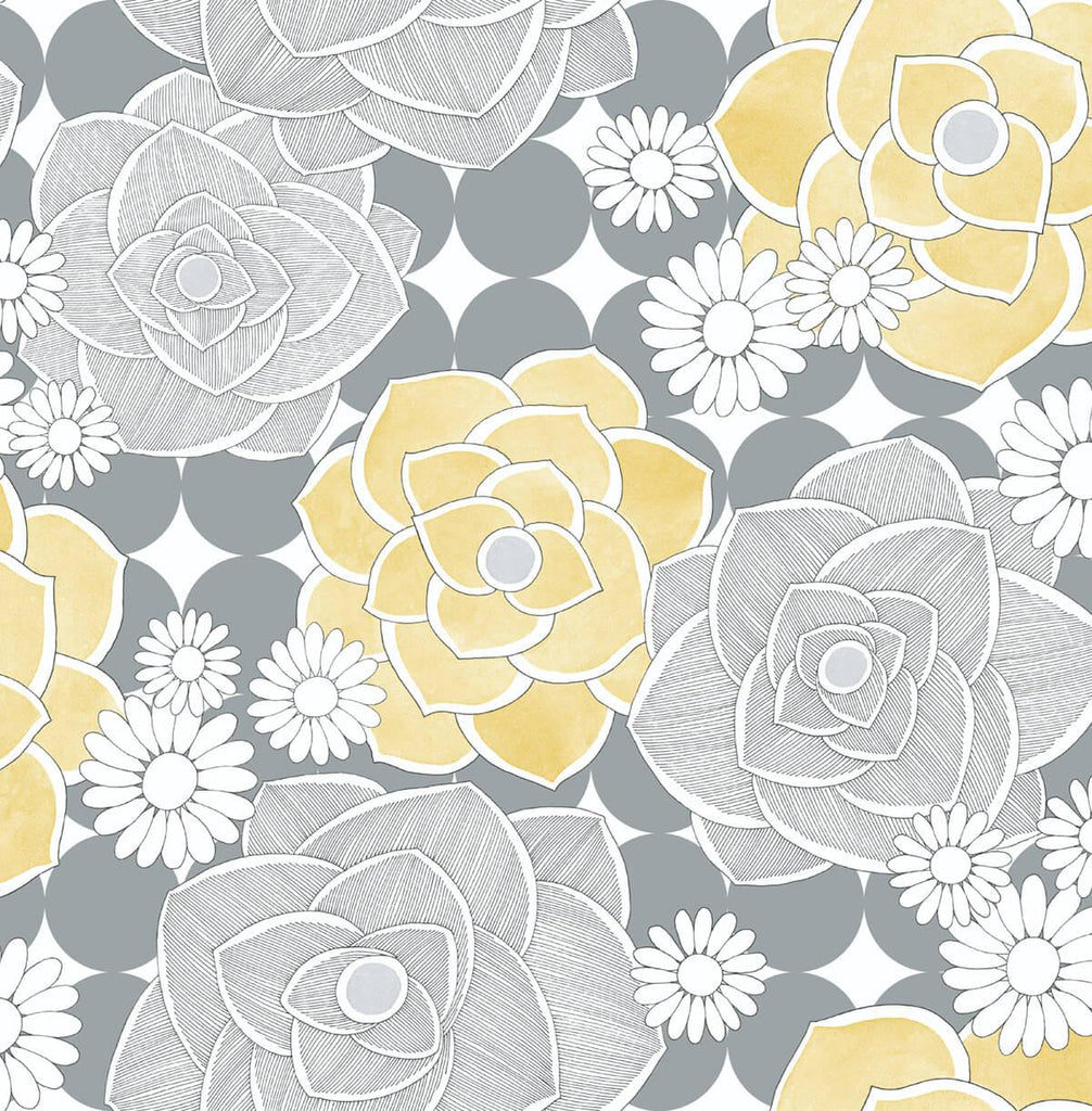 Seabrook Retro Floral Yellow & Gray Wallpaper