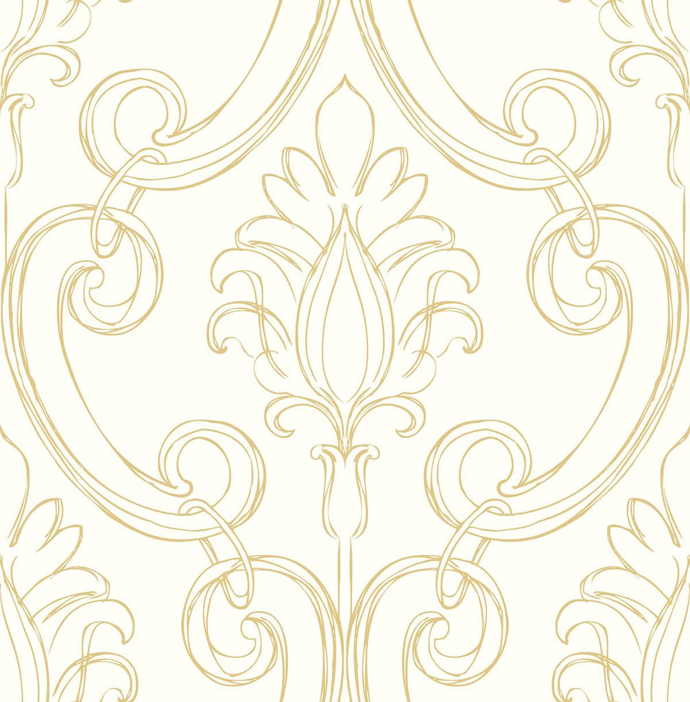 Seabrook Sketched Damask Metallic Gold Wallpaper