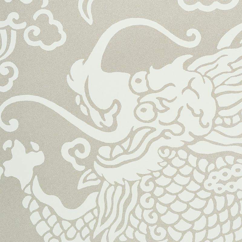 Schumacher Ruan Dragon Damask Warm Silver Wallpaper