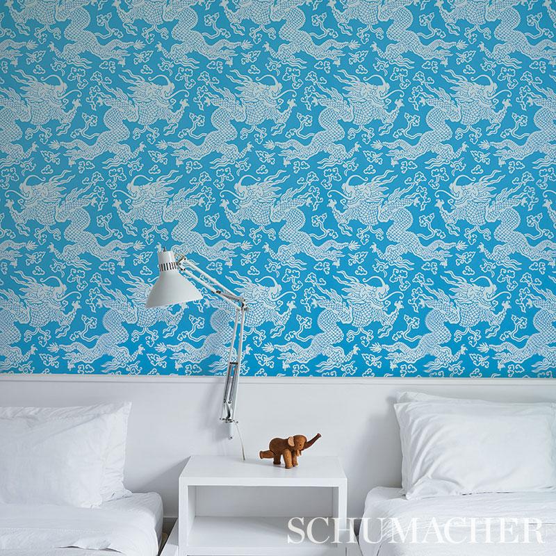 Schumacher Ruan Dragon Damask Blue Wallpaper