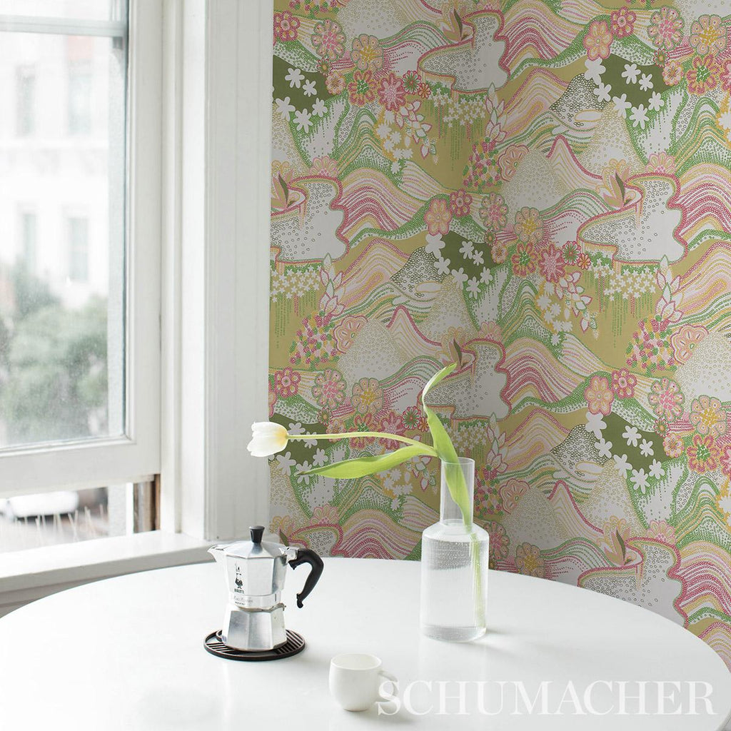 Schumacher Daisy Chain Green And Pink Wallpaper