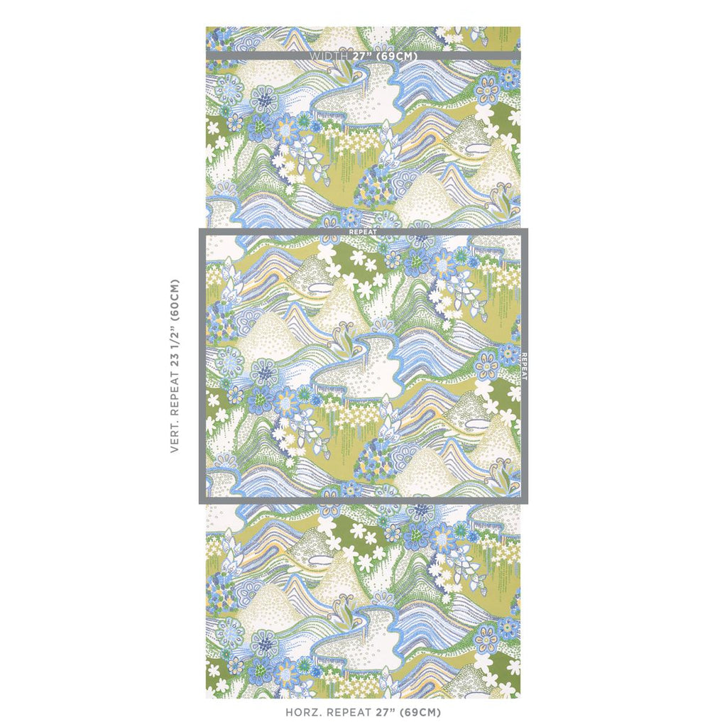 Schumacher Daisy Chain Green And Blue Wallpaper