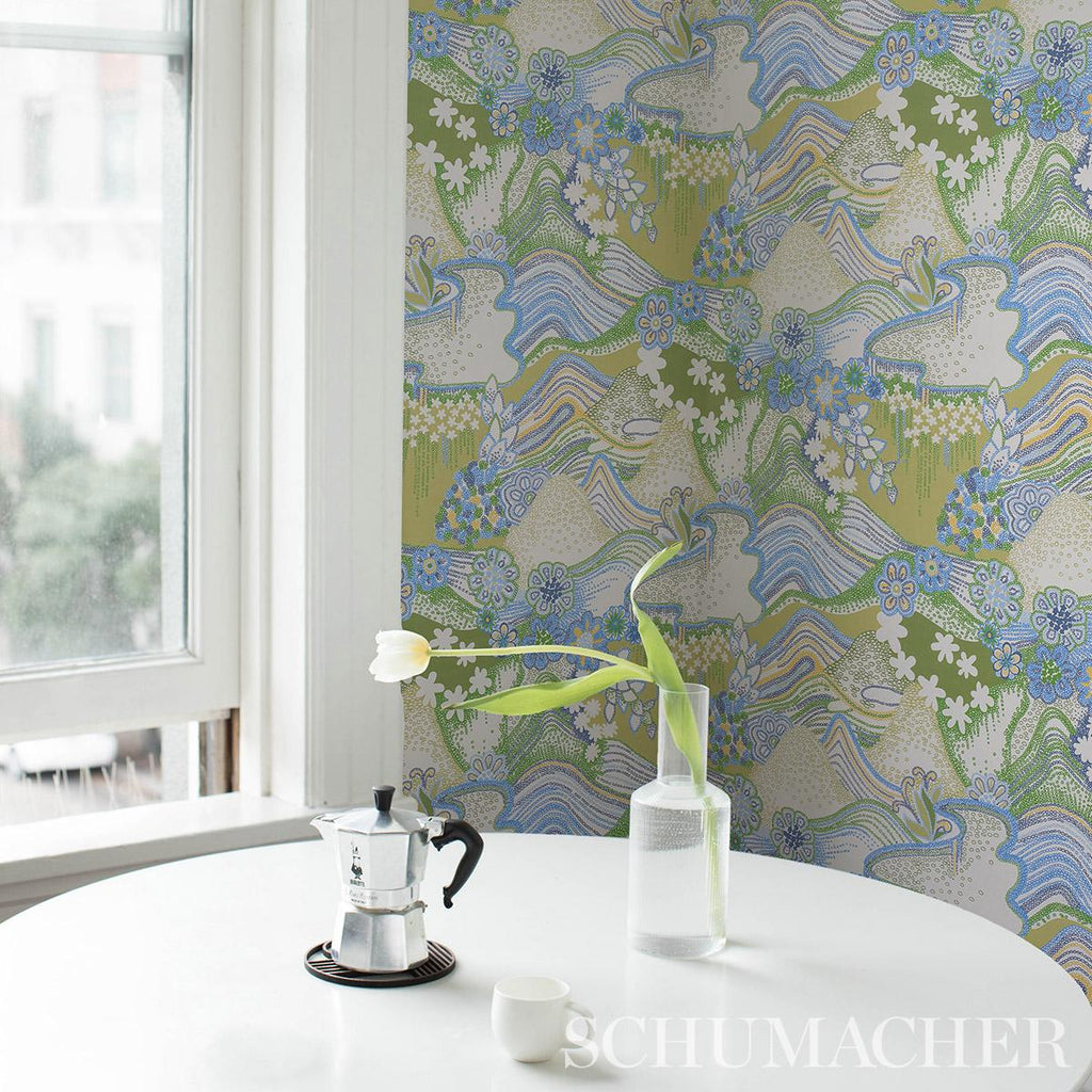 Schumacher Daisy Chain Green And Blue Wallpaper