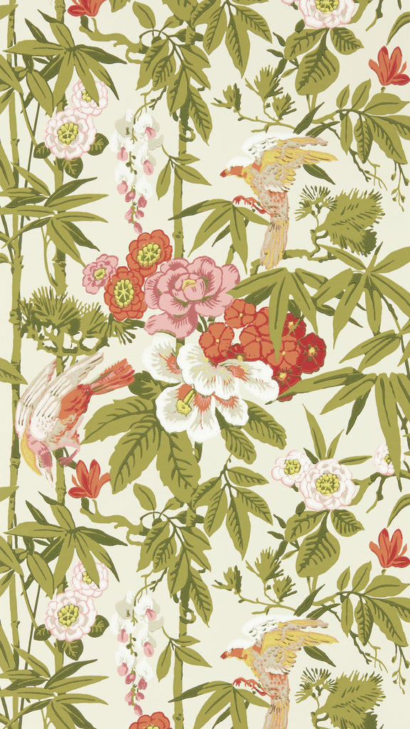 Sanderson Bamboo & Birds Mandarin Red/Olive Wallpaper