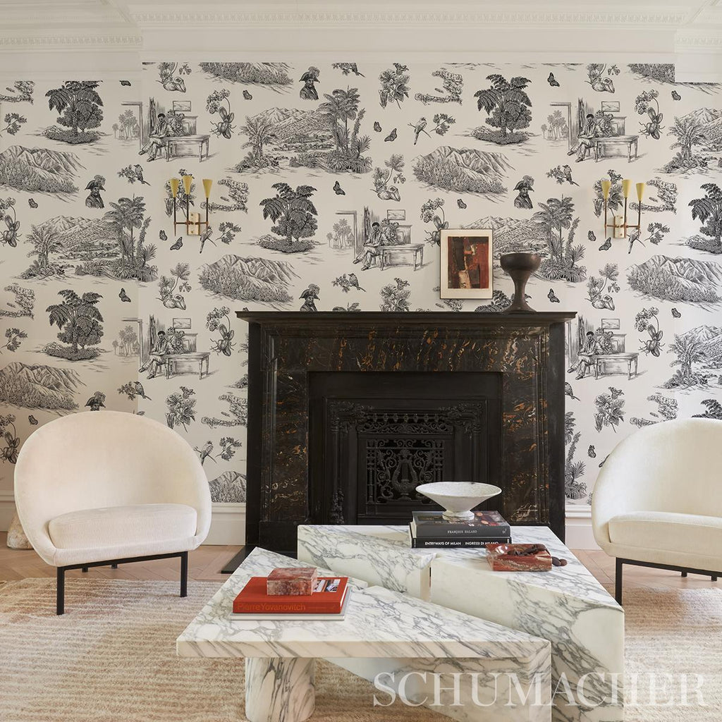 Schumacher Toussaint Toile Black On Ivory Wallpaper