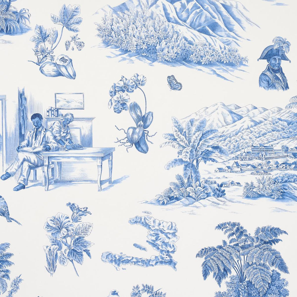 Schumacher Toussaint Toile Blue On Ivory Wallpaper