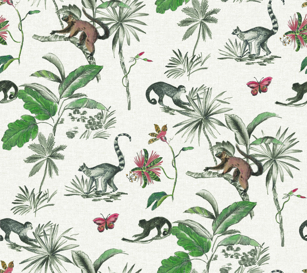 York Botanicals & Lemurs Peel and Stick White Wallpaper