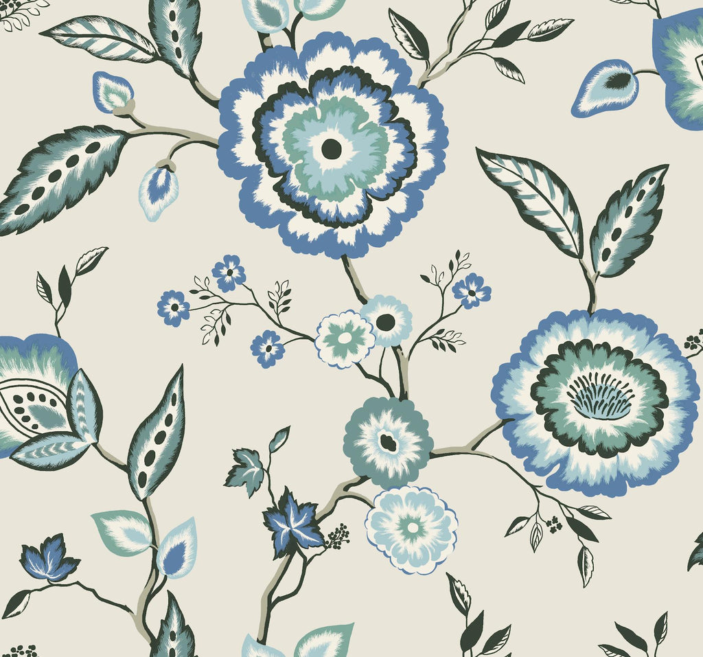 York Dahlia Blooms Dove/Cornflower Blue/White/Off White Wallpaper