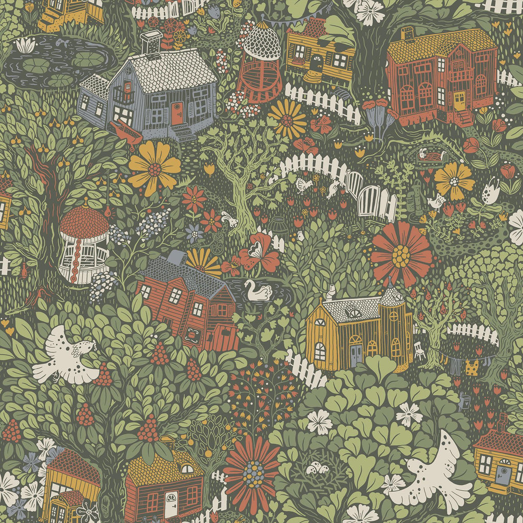 A-Street Prints Bygga Bo Green Woodland Village Wallpaper