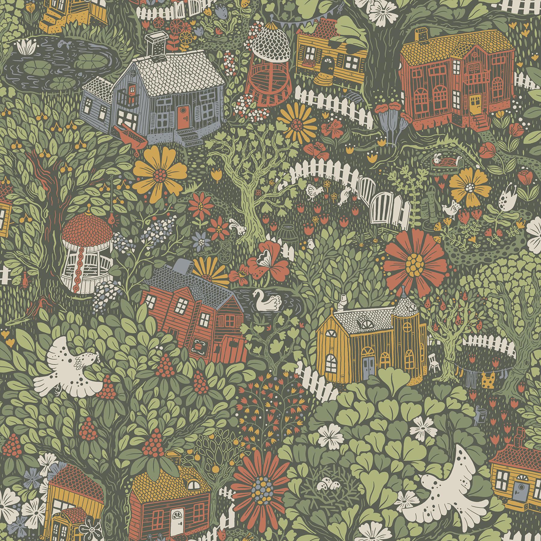 A Street Prints Bygga Bo Woodland Village Green Wallpaper