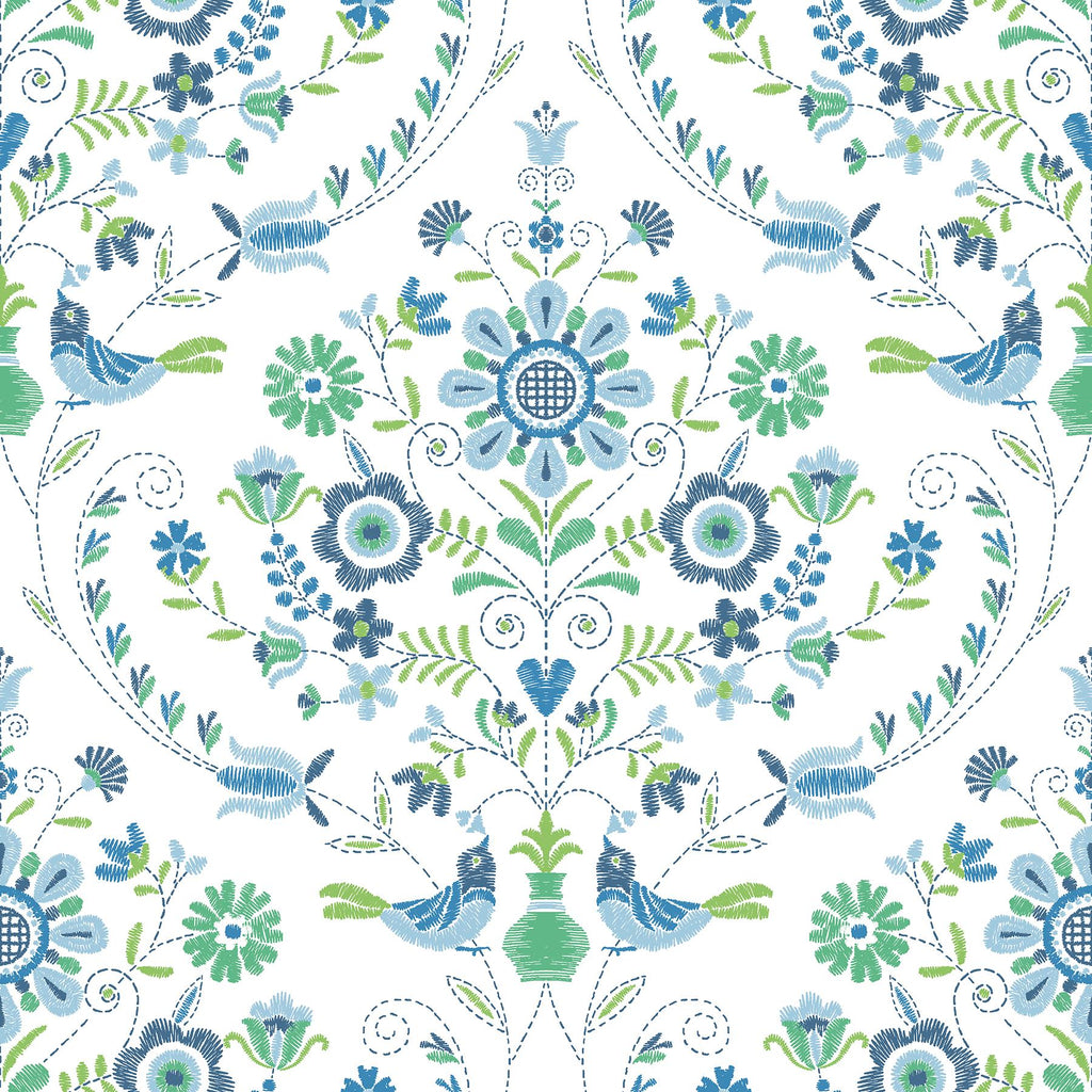 A-Street Prints Britt Embroidered Damask Sapphire Wallpaper