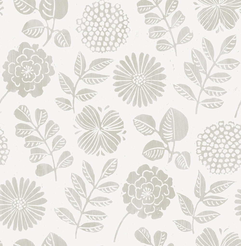 A-Street Prints Inge Light Grey Floral Block Print Wallpaper