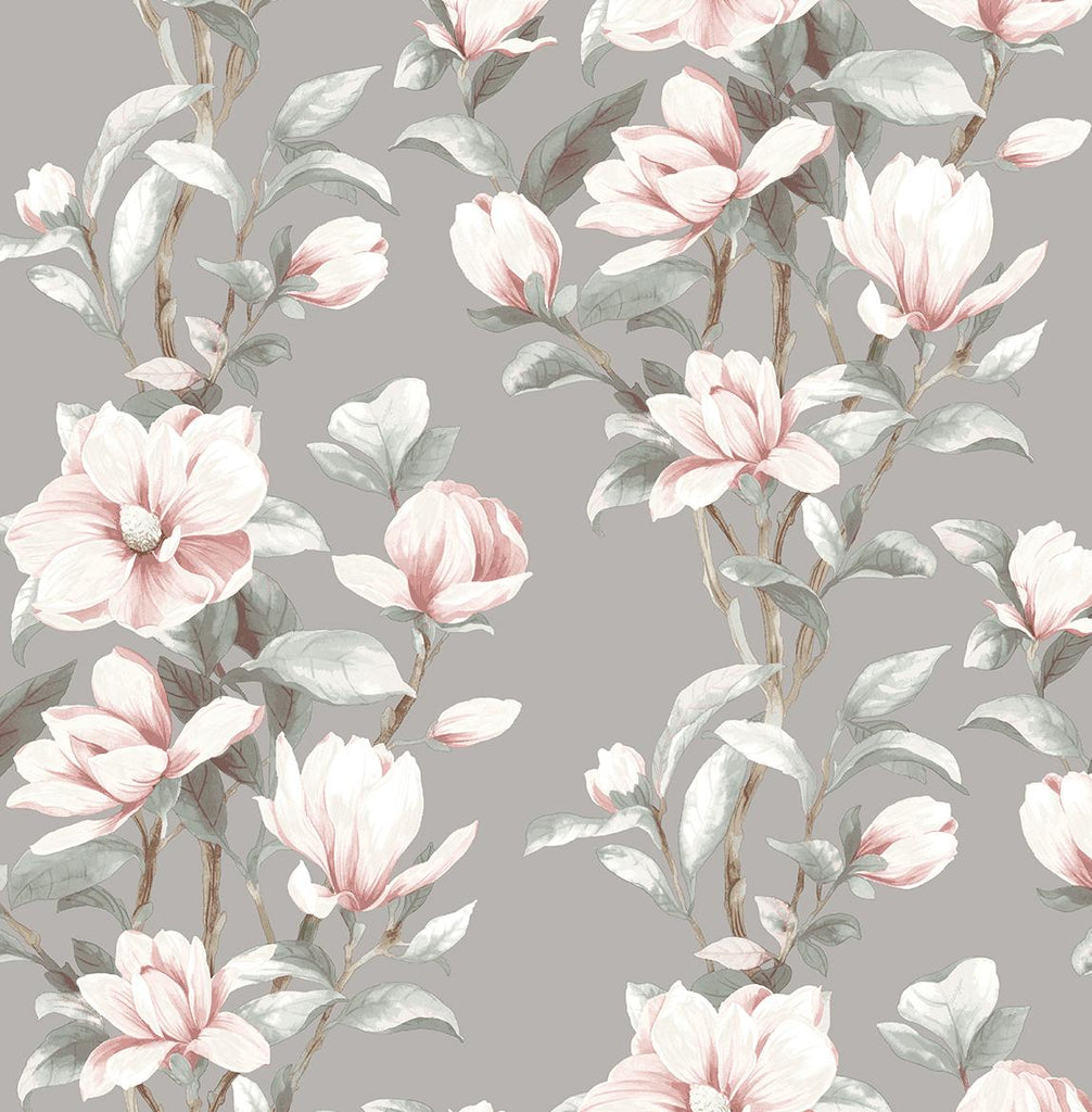 Seabrook Magnolia Trail Metallic Silver & Petal Pink Wallpaper