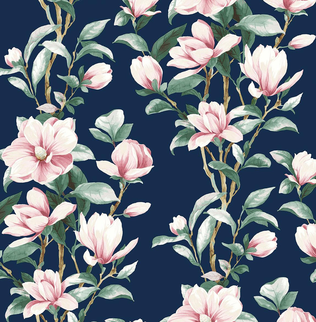 Seabrook Magnolia Trail Navy & Blush Wallpaper