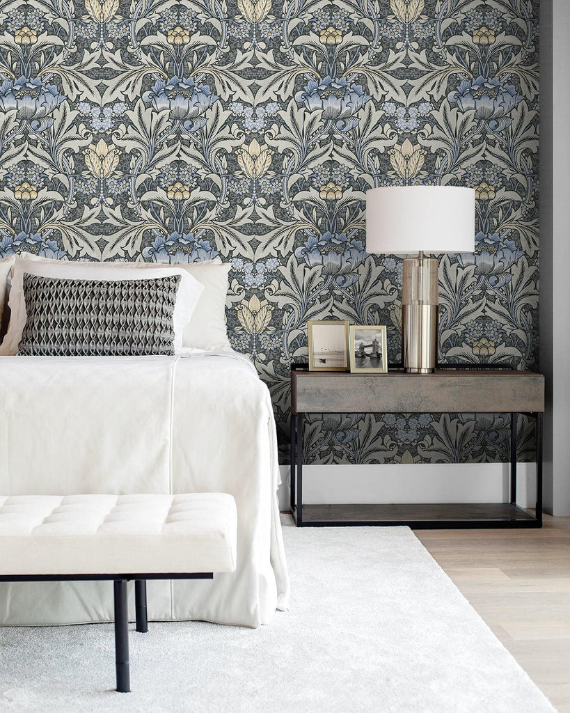 Seabrook Acanthus Floral Charcoal & Carolina Blue Wallpaper