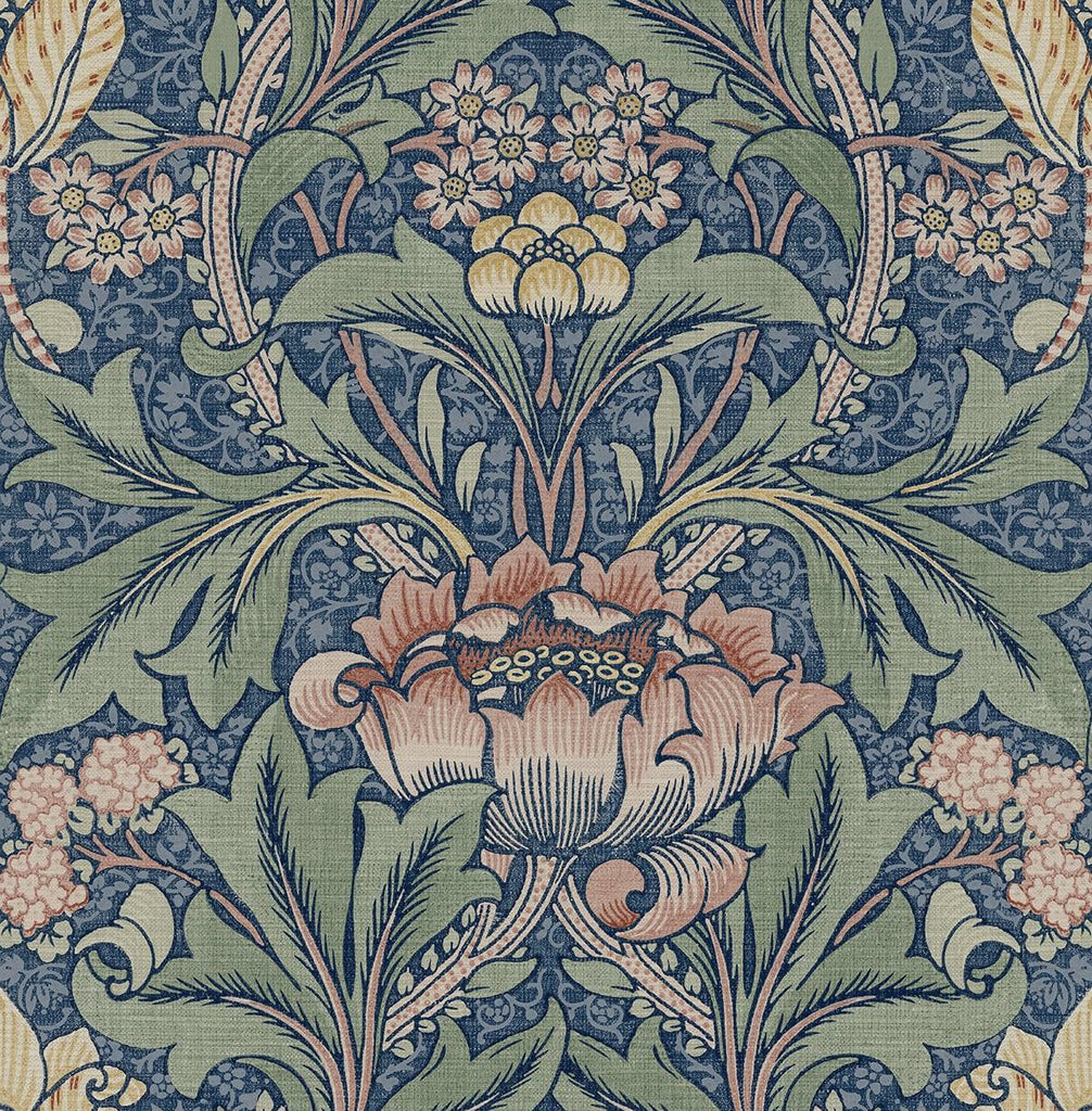 Seabrook Acanthus Floral Denim Blue & Salmon Wallpaper