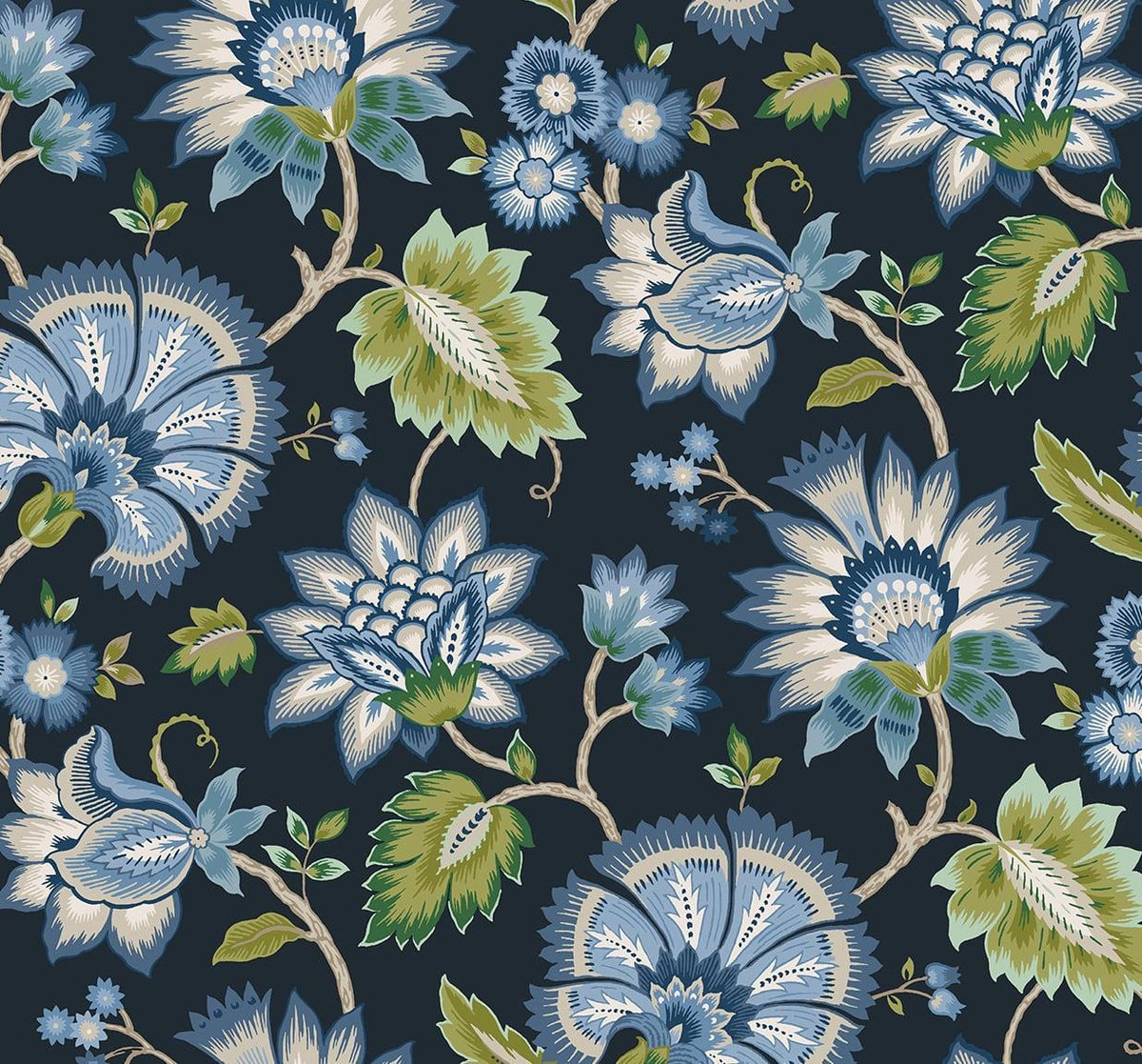 Seabrook Jacobean Blossom Floral Midnight Blue Wallpaper – DecoratorsBest