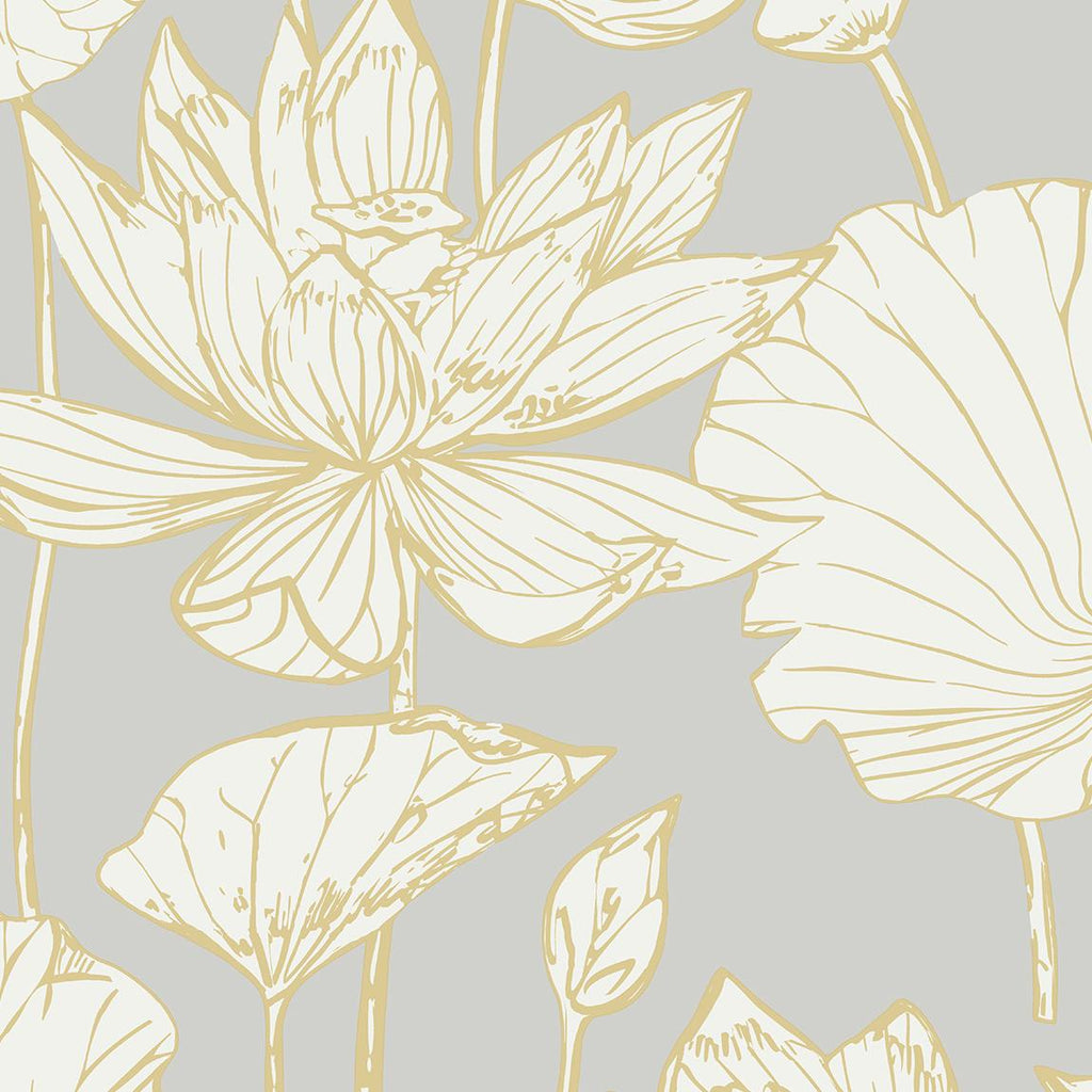 Seabrook Water Lily Floral Metallic Gold & Grey Wallpaper