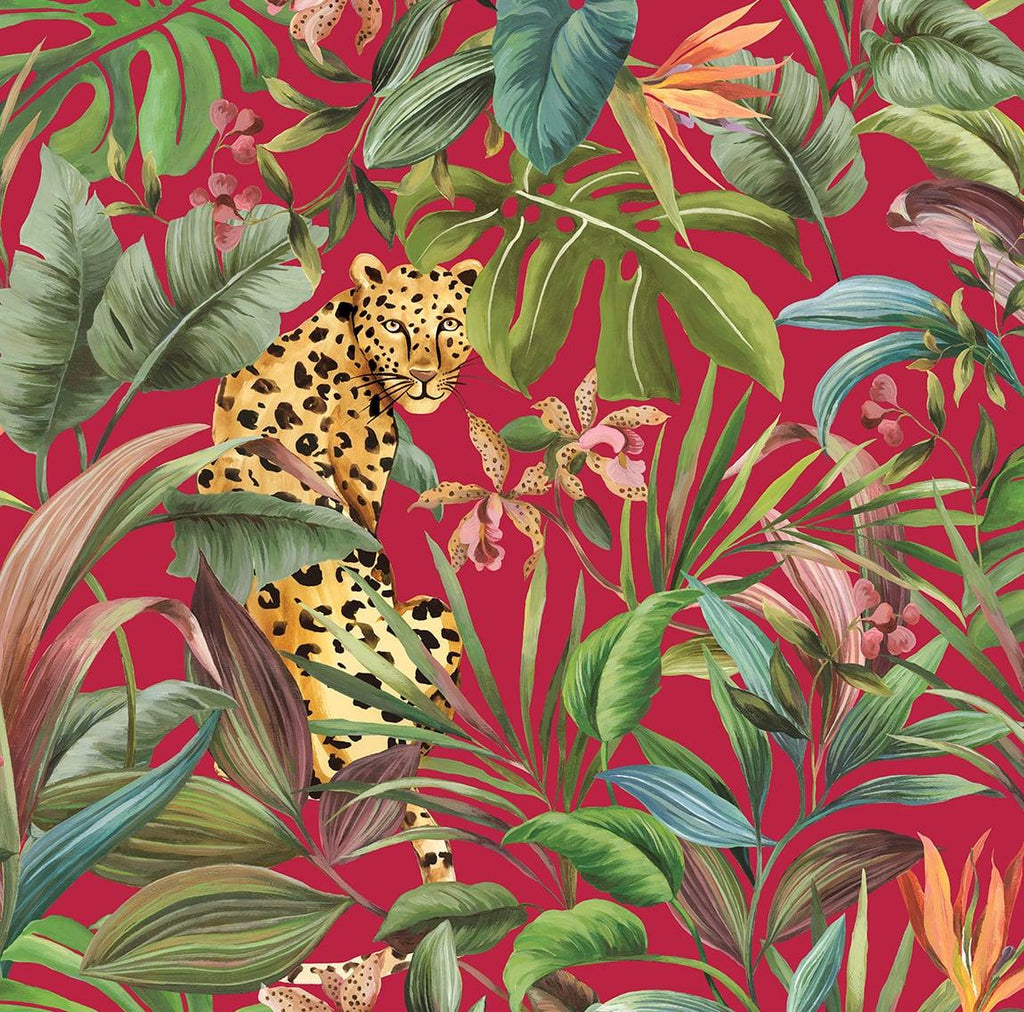 Seabrook Tropical Leopard Gloss Red Wallpaper