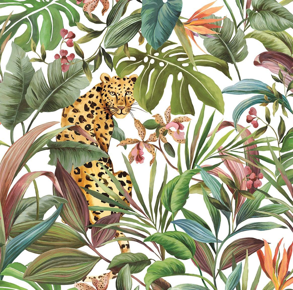 Seabrook Tropical Leopard Gloss White Wallpaper