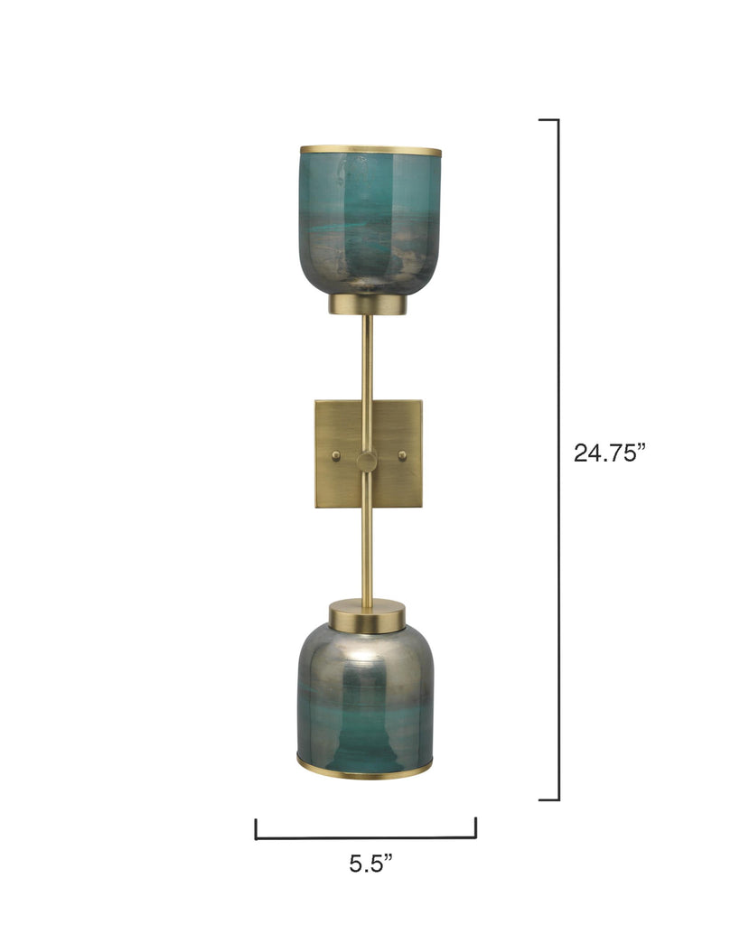 Jamie Young Vapor Double Antique Brass / Aqua Metallic Glass Wall Sconces