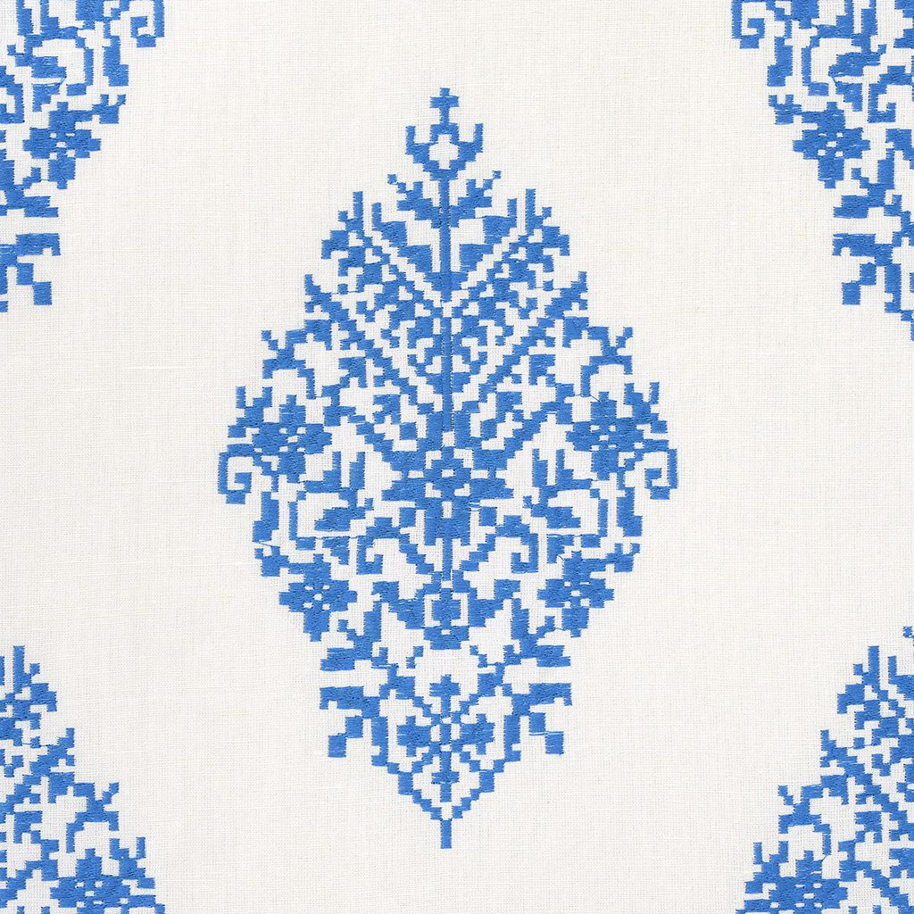 Schumacher Zinda Embroidery Blue On Ivory Fabric